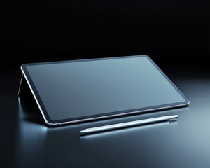 Wall Mural - a modern tablet and stylus resting on a dark reflective surface