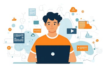 Happy man using laptop, surrounded by digital data.