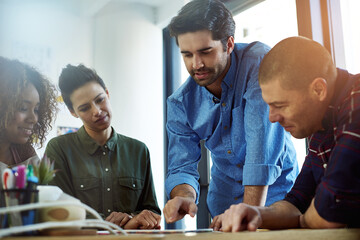 Aufkleber - Design, tablet and teamwork with business people in office together for software development. Collaboration, creative and planning with happy employee group in workplace for discussion or meeting