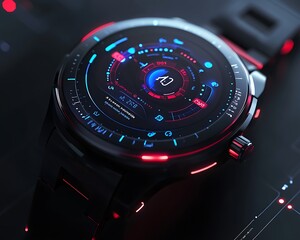 Wall Mural - a futuristic smartwatch with a complex colorful user interface display