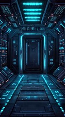 Wall Mural - spaceship corridor, futuristic interior, blue lights, dark metal, sci-fi background, game design