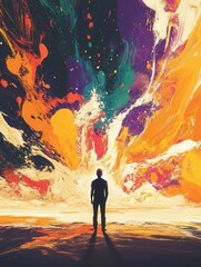 Poster - Creative artist stands before giant canvas splashed with vibrant colors igniting inspiration and imagination