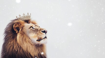 Wall Mural - a majestic lion with a crown on its head, looking up towards the sky, with a white background and wh