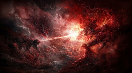 Poster - Celestial battle between a demon and a divine being in the heavens digital art fantasy realm dramatic viewpoint