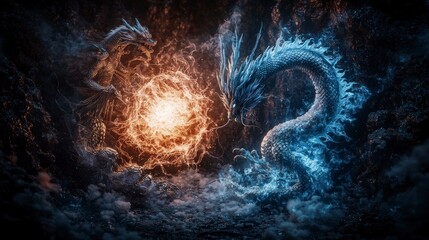 Poster - Celestial dragon and being unite their powers in epic battle fantasy realm digital art dramatic scene