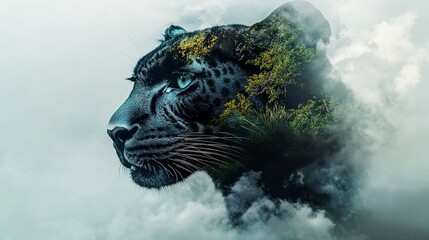 Wall Mural - abstract double exposure of a black leopard fused with stormy clouds deep shadows dramatic moody atm