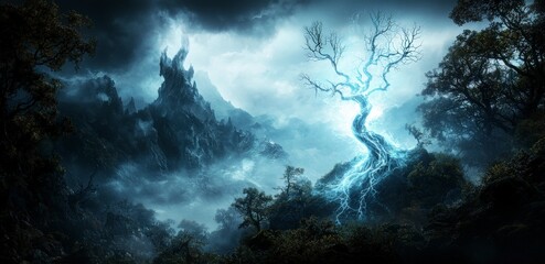 Aufkleber - Celestial being on mountaintop enchanted landscape digital art ethereal environment dramatic viewpoint
