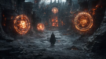 Aufkleber - Celestial being explores ancient city ruins enigmatic landscape digital art fantasy world dramatic perspective