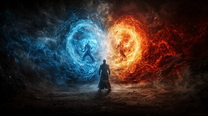 Leinwandbilder - Celestial fighter practicing martial arts amidst elemental forces in a mystical setting digital art dramatic viewpoint