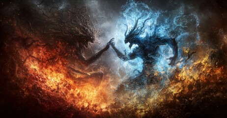 Poster - Celestial battle against a demon mythical realm digital art fiery chaos dramatic perspective good vs evil theme