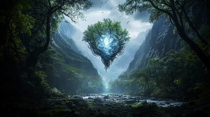 Aufkleber - Celestial figure in vibrant forest nature landscape enchanted environment ethereal viewpoint mystical concept