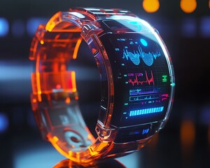 Wall Mural - a futuristic transparent wristwatch displaying vital health metrics data clearly