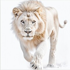Wall Mural - alpha lion moving with purpose eyes locked on viewer pure white background highlighting strength and