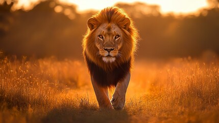 Wall Mural - alpha lion walking toward camera determined eyes glowing mane backlit by warm sunset cinematic compo