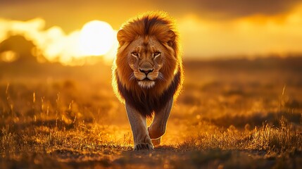 Wall Mural - alpha lion walking toward camera determined eyes glowing mane backlit by warm sunset cinematic compo
