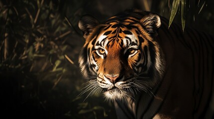 Wall Mural - bold and powerful tiger portrait eyes glowing in soft ambient light deep shadows adding moody intens