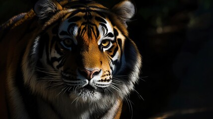 Wall Mural - bold and powerful tiger portrait eyes glowing in soft ambient light deep shadows adding moody intens