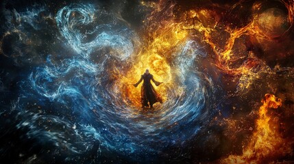 Poster - Elemental mage conjures forces of nature cosmic realm digital art fantastical setting dynamic perspective