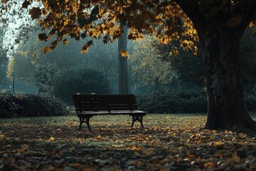 Poster - Solitary bench rests beneath a tree in a peaceful park with soft autumn light and fallen leaves surrounding Generative AI