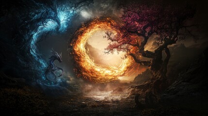 Aufkleber - Elemental forces challenge the master of prana in a surreal mystical digital environment