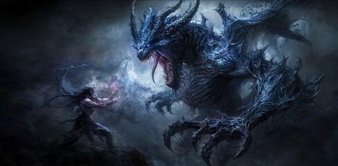 Poster - Mysterious shadow demon confronts hero dark fantasy realm digital artwork dramatic atmosphere low angle epic battle