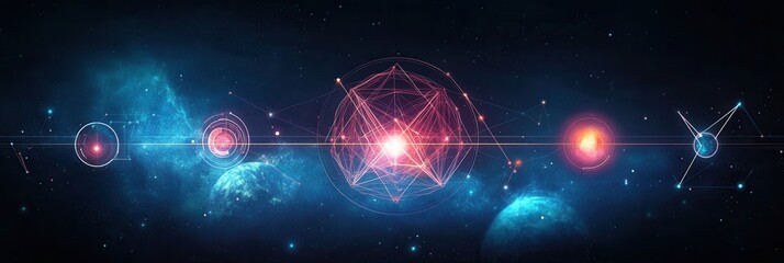 Poster - Cosmic landscape with interconnected planets and glowing symbols in a deep blue nebula during a starry night