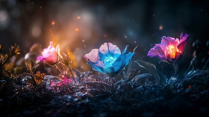 Aufkleber - Vibrant glowing flowers blooming in a secluded garden at twilight nature photography enchanted atmosphere