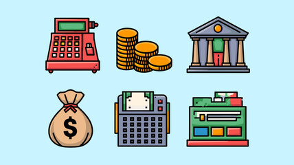 Fototapete - Vector Icon Set for Finance, Banking, Money Management, and Accounting - Currency, Calculator, Bank Building, Cash Bag, and Financial Tools
