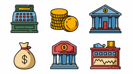 Fototapete - Finance vector icons set featuring cash register, coins, bank buildings, money bag, and stock market symbols for financial themes and designs