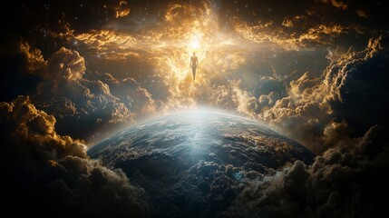 Aufkleber - Celestial figure hovering above earth ethereal landscape digital artwork cosmic serenity dreamlike perspective