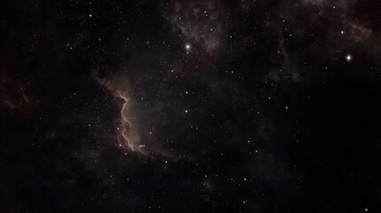 Wall Mural - Deep space nebula with purple and brown hues on black background. Cosmic cloud with starry dots. Celestial scene with ethereal galaxy formation with soft glow. Mystical universe wallpaper