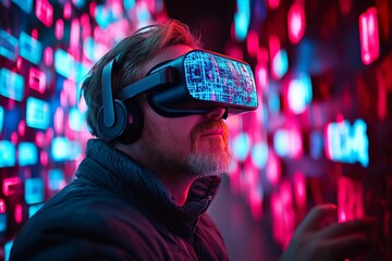 Poster - Man explores virtual reality environment with immersive visuals and sound at a modern technology exhibition