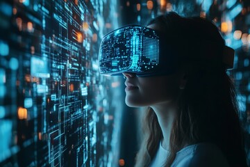 Fototapete - Person experiences virtual reality in a futuristic setting with glowing digital elements at night