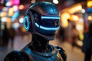 Poster - Futuristic robot with glowing blue accents in a bustling urban environment during the evening