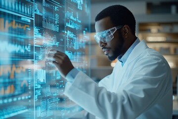 Leinwandbilder - Scientist analyzes data on a futuristic interface in a modern laboratory setting