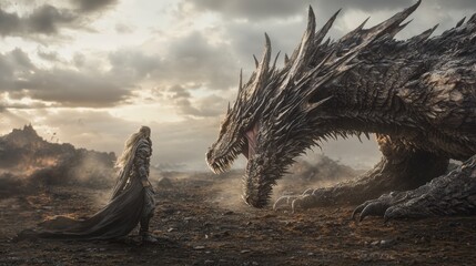 Poster - Celestial warrior confronts ancient dragon in mystical realm fantasy artwork dramatic landscape epic scene