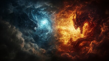 Poster - Celestial beings clash in a stormy sky fantasy artwork dramatic environment epic viewpoint