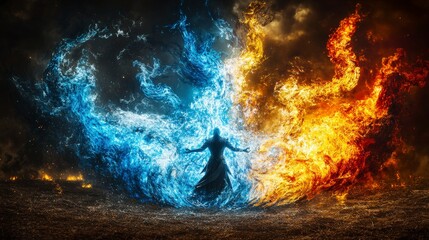 Poster - Celestial warrior commanding elemental forces vast open field digital art dramatic environment low angle fantasy concept