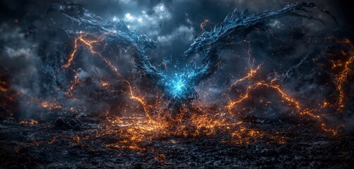 Poster - Epic battle between gods and demons unfolds in fiery landscape digital art fantasy realm dynamic perspective