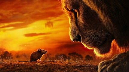 Wall Mural - close interaction lion massive face near a tiny mouse glowing sunset behind warm rich textures deep 