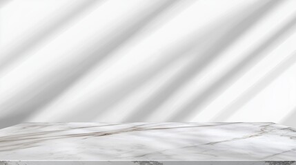 Fototapete - Elegant marble table top with light gray background for product display and presentation. Minimalist white wall with copy space and soft bokeh lights. High-resolution 3D render with super detail and w