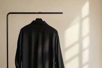 Poster - Black shirt hanging on minimalistic rack against a beautifully lit wall with soft shadows in a contemporary setting