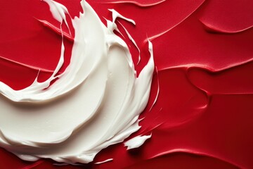 Aufkleber - Creative blending of white cream on vibrant red background highlights artistic texture and contrast in a culinary setting