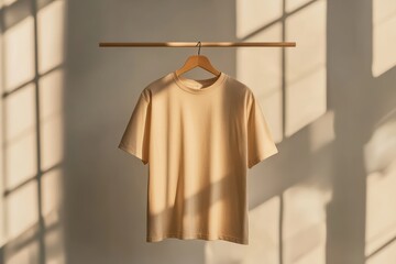 Poster - Hanging light beige shirt in soft sunlight creating warm shadows in a minimalist space