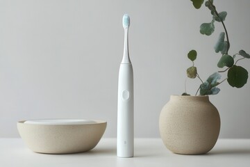 Aufkleber - Electric toothbrush standing on a minimalistic table with ceramic pots and a plate in a bright indoor setting