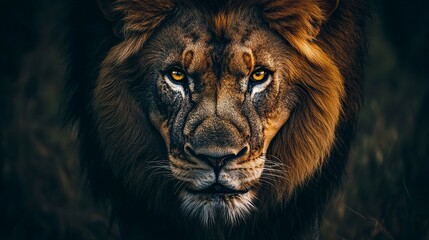 Wall Mural - close-up of a lion walking forward fierce eyes locked on camera dramatic lighting wild atmosphere ci