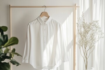 Poster - Elegant white shirt displayed on a wooden hanger in a bright, airy room with soft natural light