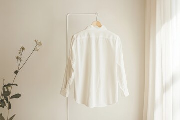 Poster - White long-sleeve shirt hanging on a minimalist rack in a softly lit room with sheer curtains