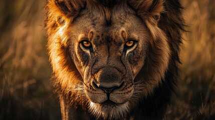 Wall Mural - close-up of a lion walking forward fierce eyes locked on camera dramatic lighting wild atmosphere ci