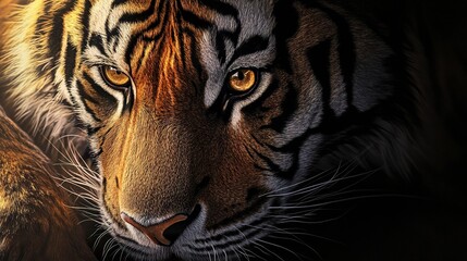 Wall Mural - close-up of a tiger piercing gaze intricate fur texture illuminated by soft golden highlights deep c